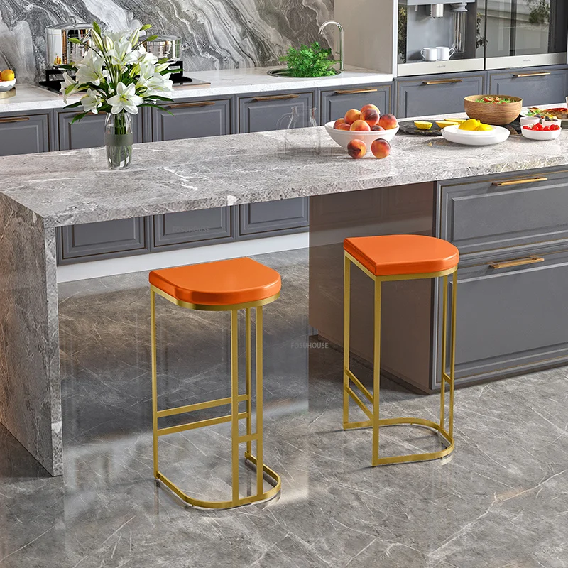 Luxury Orange Metal Stools Modern Simple Leather Bar Chair