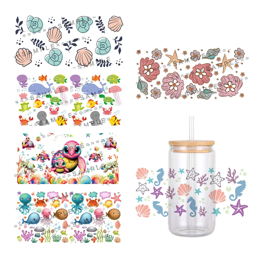 Ocean Marine Life Pattern UV DTF Transfer Sticker Waterproof Transfers Decals For 16oz Glass Cup Wrap Stickers