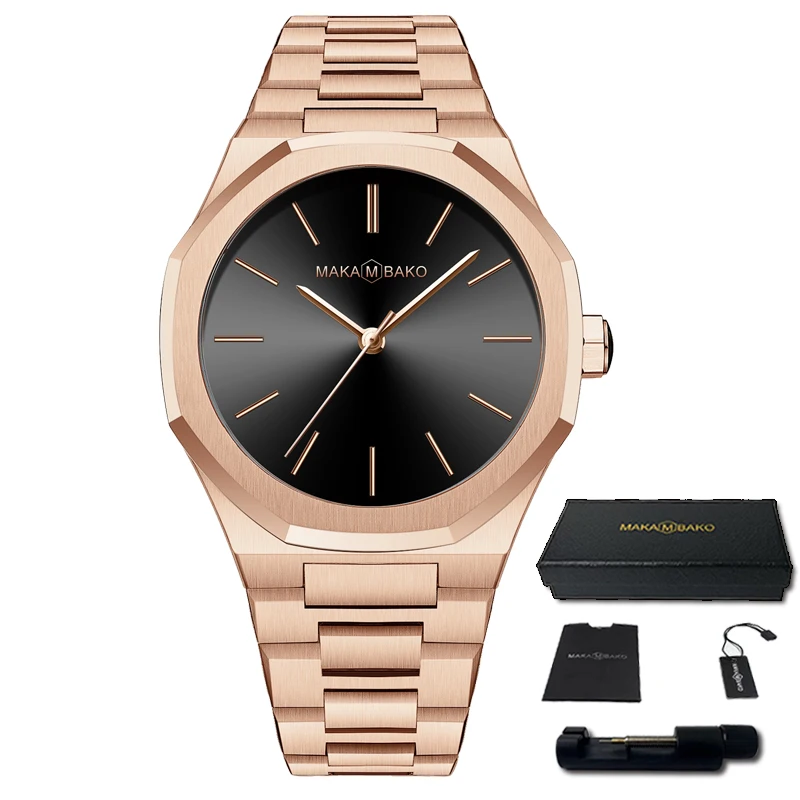 

Top Brand Luxury Rose Gold Stainless Steel Band Business Watch 40mm Mens Fashion Black Wristwatch Waterproof Women Quartz Watch