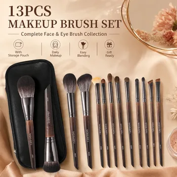 Set di Pennelli da Trucco 13 Pezzi, Kit per Viso e Occhi con Manico in Legno, per Polvere, Fondotinta, Blush, Contorno, Ombretto, Sopracciglia e Eyeliner