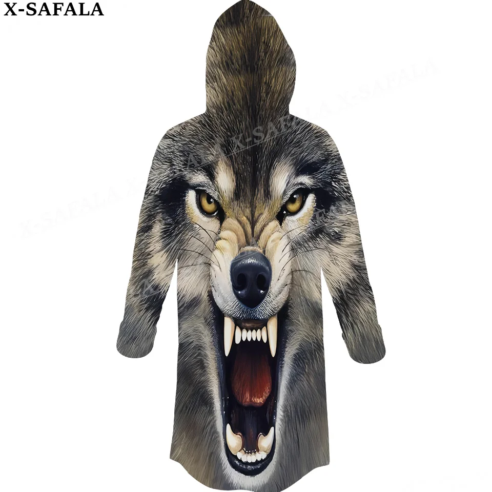 Native Dark Angry Wolf Moon Print Thick Warm Hooded Cloak Men Overcoat Coat Windproof Fleece Cape Robe Hooded Blanket-1
