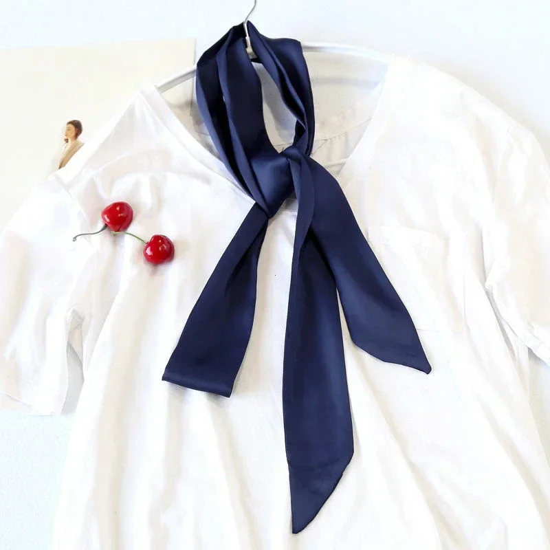 5X190CM Women Narrow Long Scarf Solid Color Chiffon Silk Rubber Red Tie Black Bag Ribbon Headband Choker Streamer Scarf Fur Coat 4