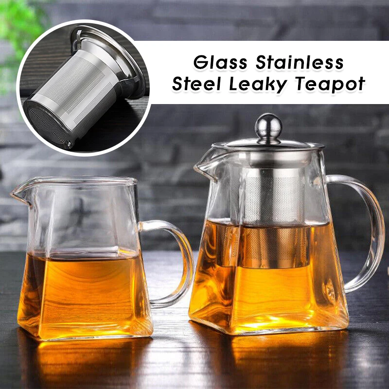 Heat Resistant Teapot Kitchen Clear Glass Jug with Infuser Coffee Tea Leaf Pot Glass Stainless Steel Leaky Square Teapot