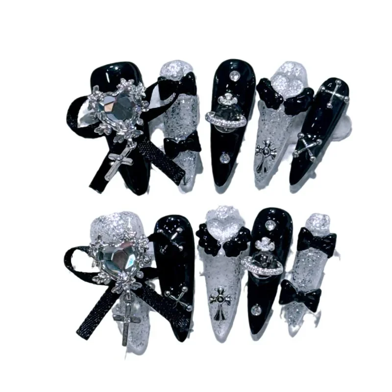 Fake Nails NewGoldcast Handmade Press on Black Bow Tie Wearable Pink Cute Long Winter Reusable Full Cover Charm Art