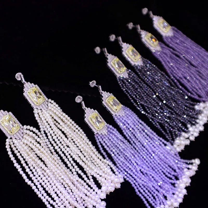 

ZOCA Long Tassel Dangle Drop Earrings 925 Sterling Silver Women Teen Girls Bling Beads Stone Wedding Party Fine Jewelry Gift