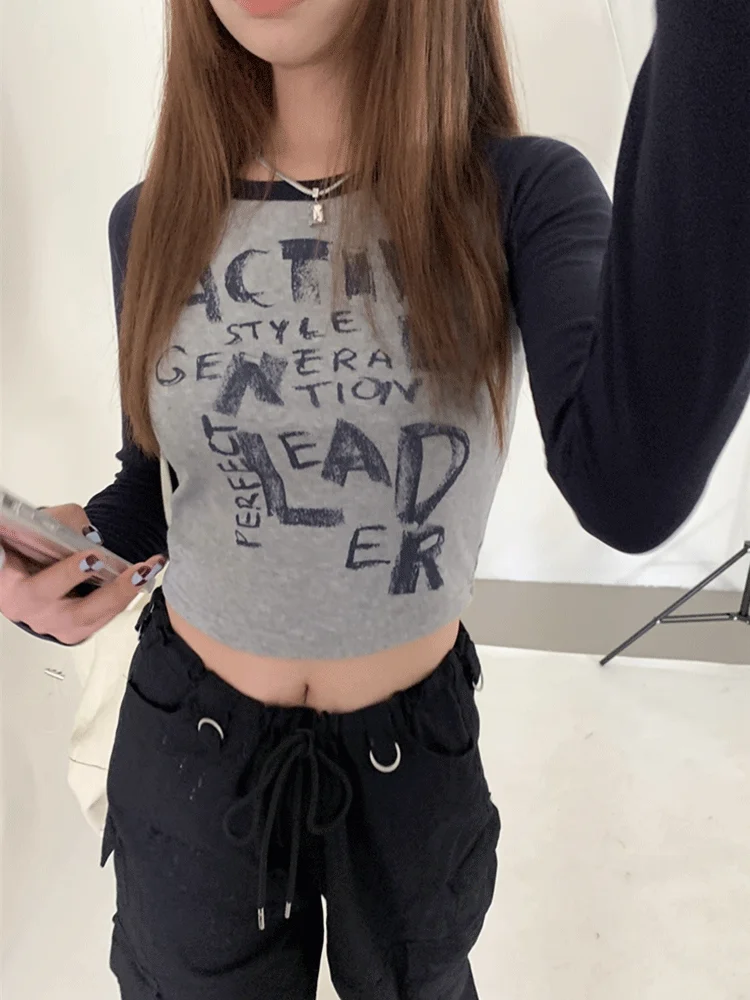 

Women Retro Letter Print Tops Fairy Grunge Graphic Spring T Shirts Vintage Aesthetic Clothes Cyber Y2k Slim Long Sleeve Crop Top