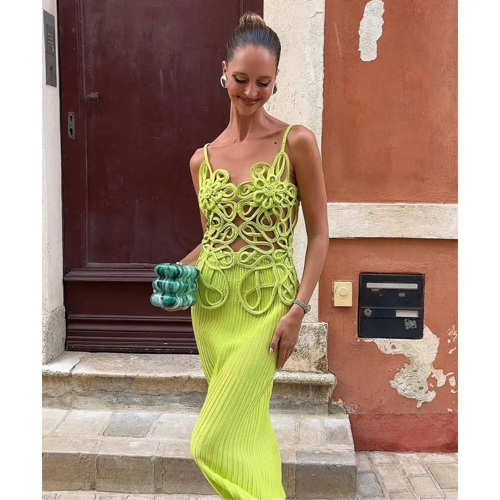 Sexy Knit Maxi Slip Dress Elegant Party Evening Long Dresses White Green Holiday Outfits Chic Sleeveless Hollow Beach Dress 2024