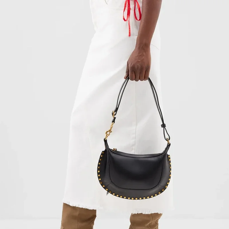 

Brand Genuine Leather Moon Shoulder Bag Women's Crescent Cowhide Rivet Luxury Designer Handbag Black Locomotive Saddle Bags