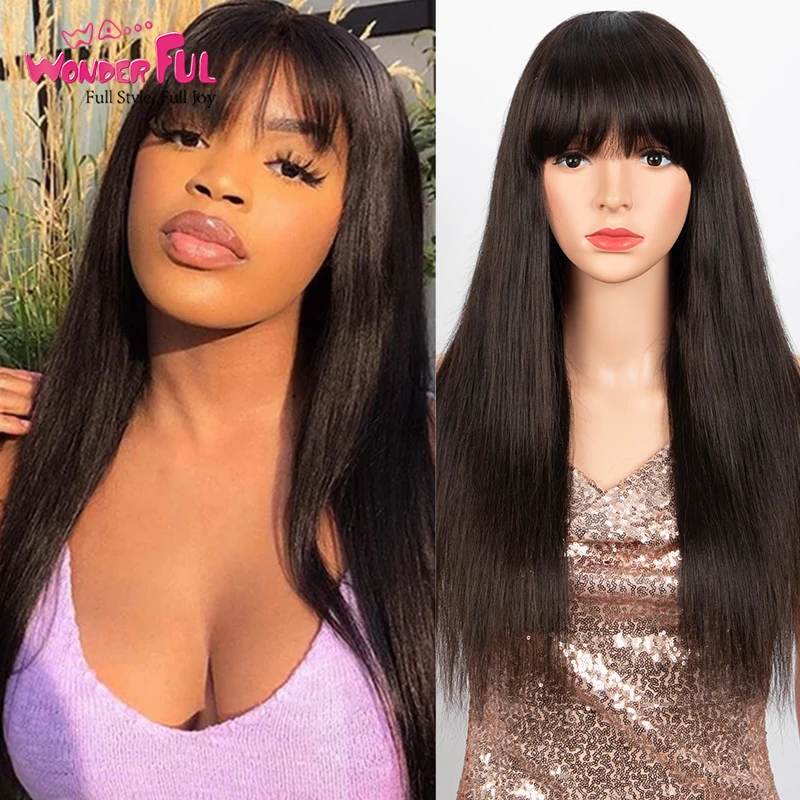 

Long Straight Human Hair Wigs with Bangs None Lace Glueless Wig for Black Women Brazilian Virgin Natural Color Hair Machine Made