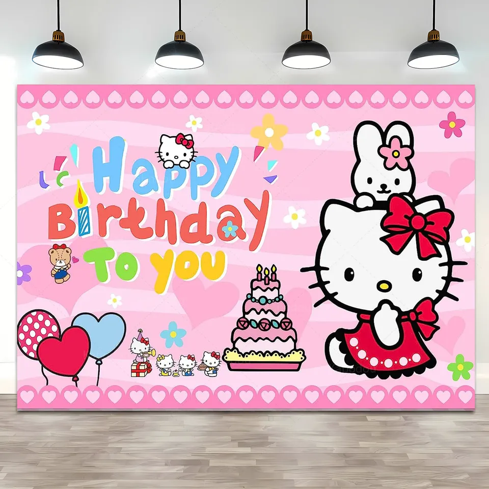 Toile De Fond Hello Kitty Pour Fête D'anniversaire De Fille, Décoration De Fond De Photographie, Chat Rose, Bannière De Douche De Bébé, Affiche De Studio Photo