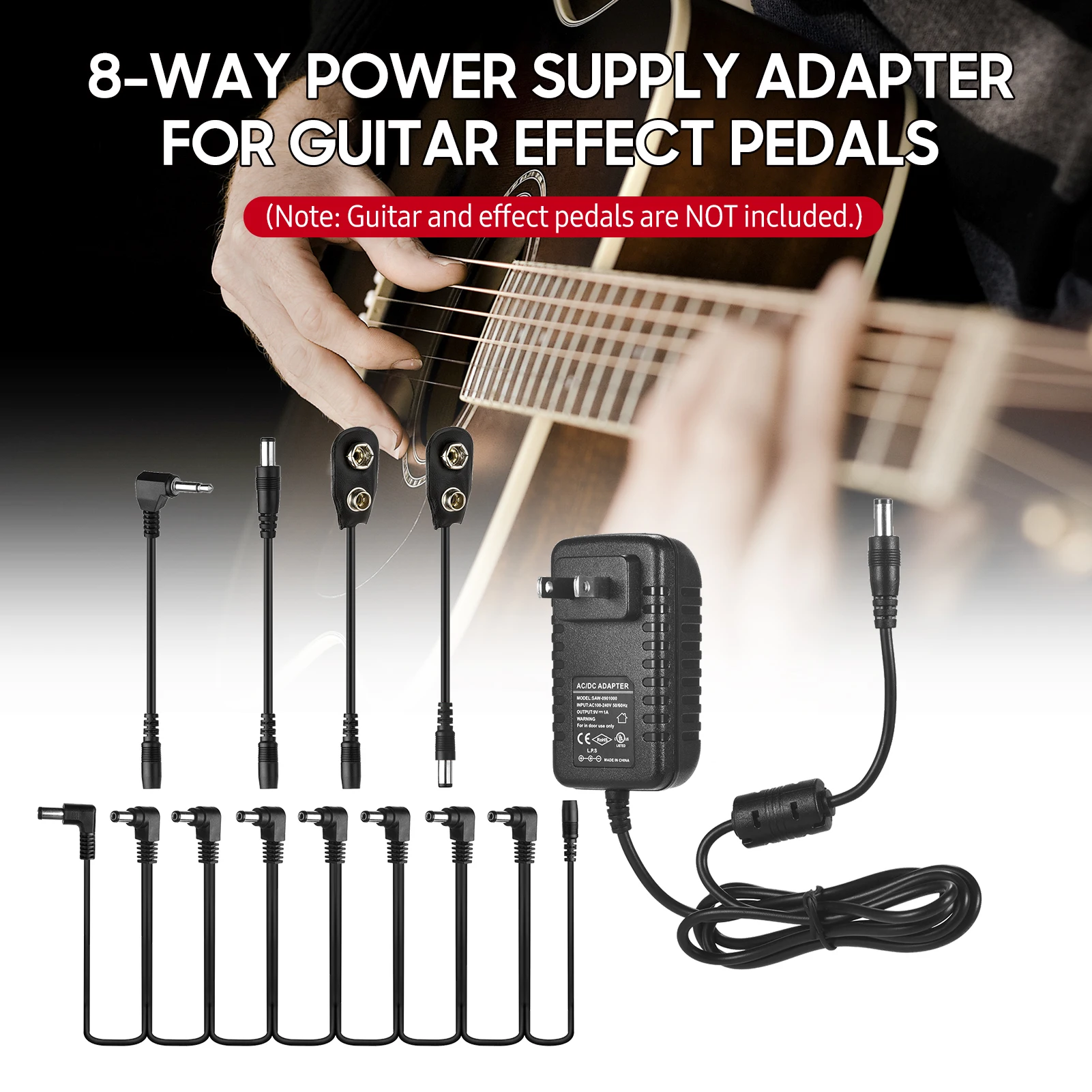 Caline CP-07B Guitar Effects Power Supply Adapter DC 9V 1A with 8-Way Daisy Chain Cable Reversed Polarity Cables