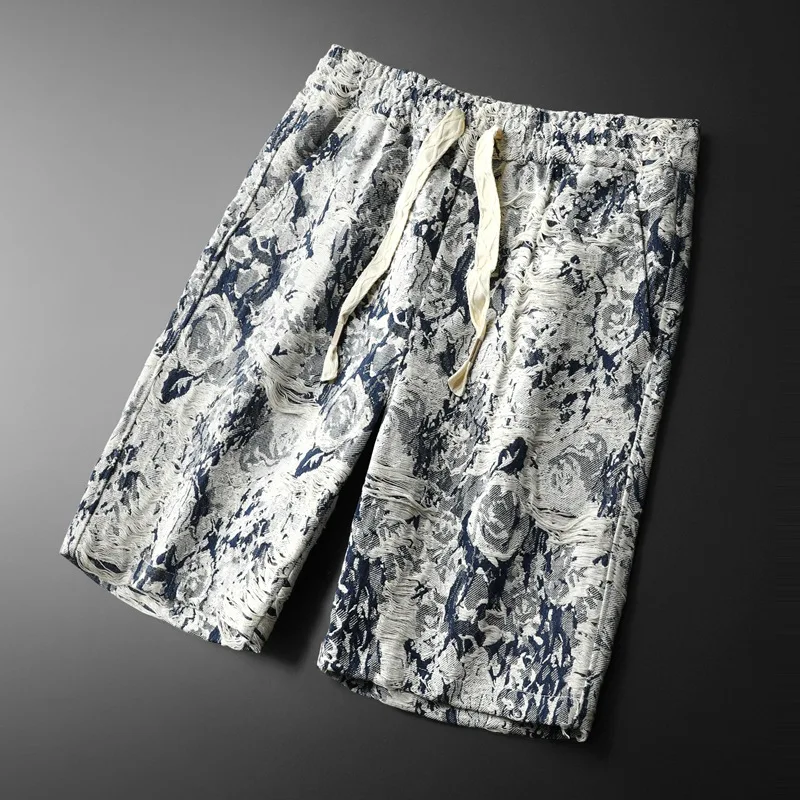 Summer Leopard Embroidered Jeans Men's Shorts 3D Badge Worn Out Zipper Slim Fit Versatile European American Trends Cotton Tide 2