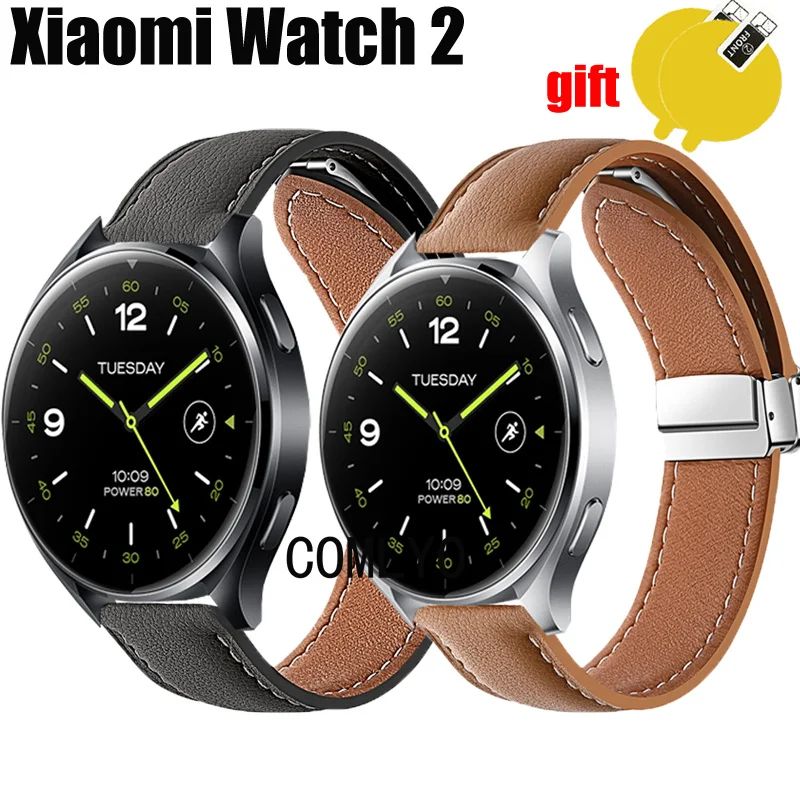 

For Xiaomi watch 2 Strap Leather Genuine Folding Magnetic Buckle Soft Smart Watch men Band Screen protector film