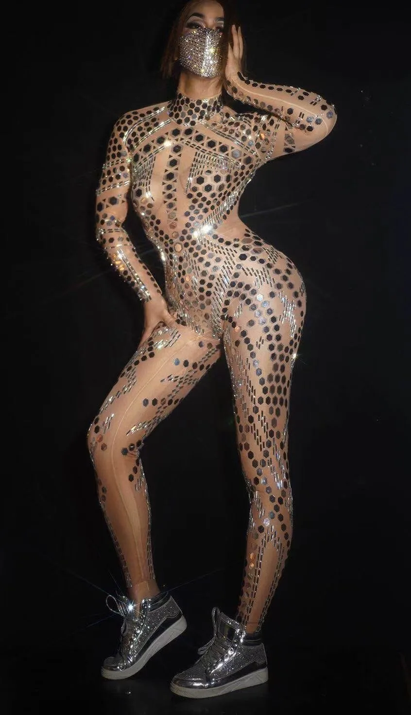 

Nude Long Sleeves Shining Mirror Sequins Rhinestones Sexy Jumpsuits For Women Nightclub Prom DJ Clothing Stage Singer Costumes