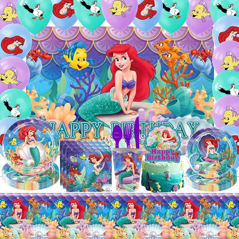 

Mermaid Disposable Tableware Set Little Mermaid Paper Plates Cup Tablecloth Table Cover Kids Mermaid Birthday Party Decoration