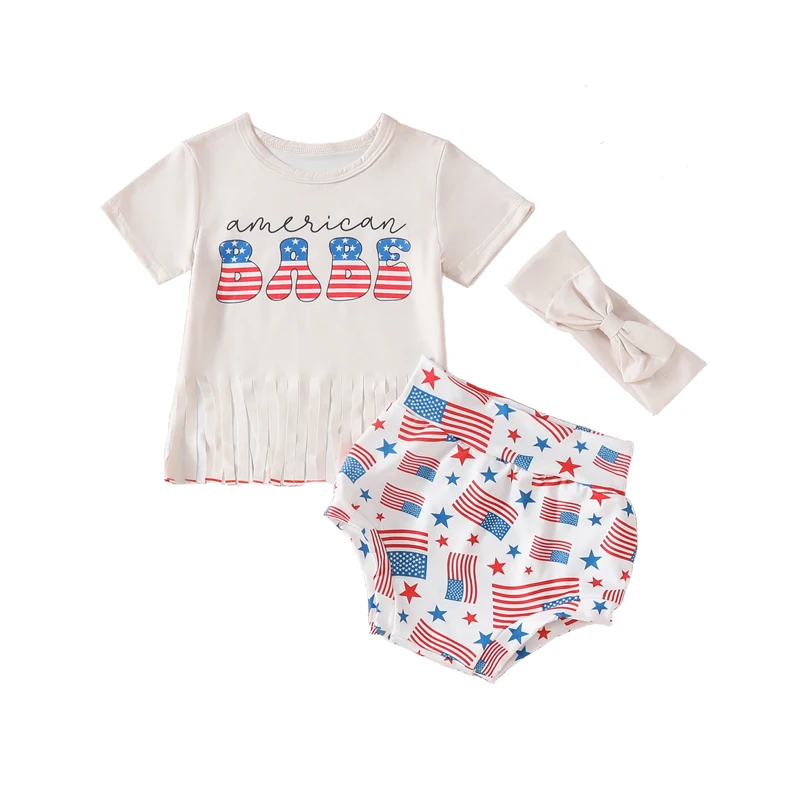 

Newborn Infant Baby Girl Clothes Letter Print Tassel T-shirt Top Shorts Headband 3Pcs Summer Outfit Set