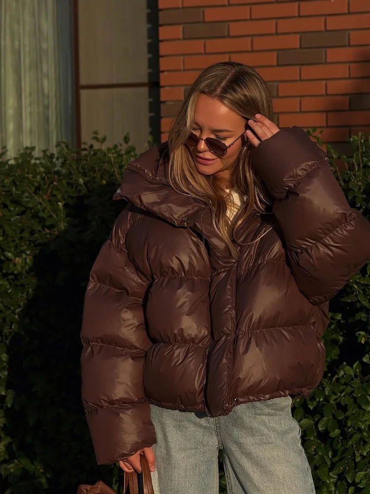 Manteau court en coton marron uni pour femme, veste ample décontractée à revers, manches longues, simple boutonnage, vêtements d'extérieur pour le bureau et les déplacements, hiver 2025