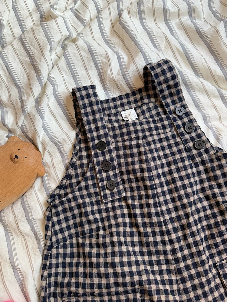 2025 Spring New Children Plaid Overalls Cotton Boys Thin Casual Pants Breathable Baby Girls Loose Strap Trousers Kids Clothes