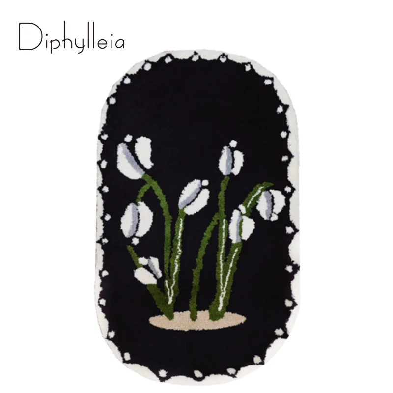 

Diphylleia Black Tulip Floral Bedside Carpet INS Style Super Soft Tufted Area Rugs Boho Chic Decor Bath Bedroom Mat 70x120cm