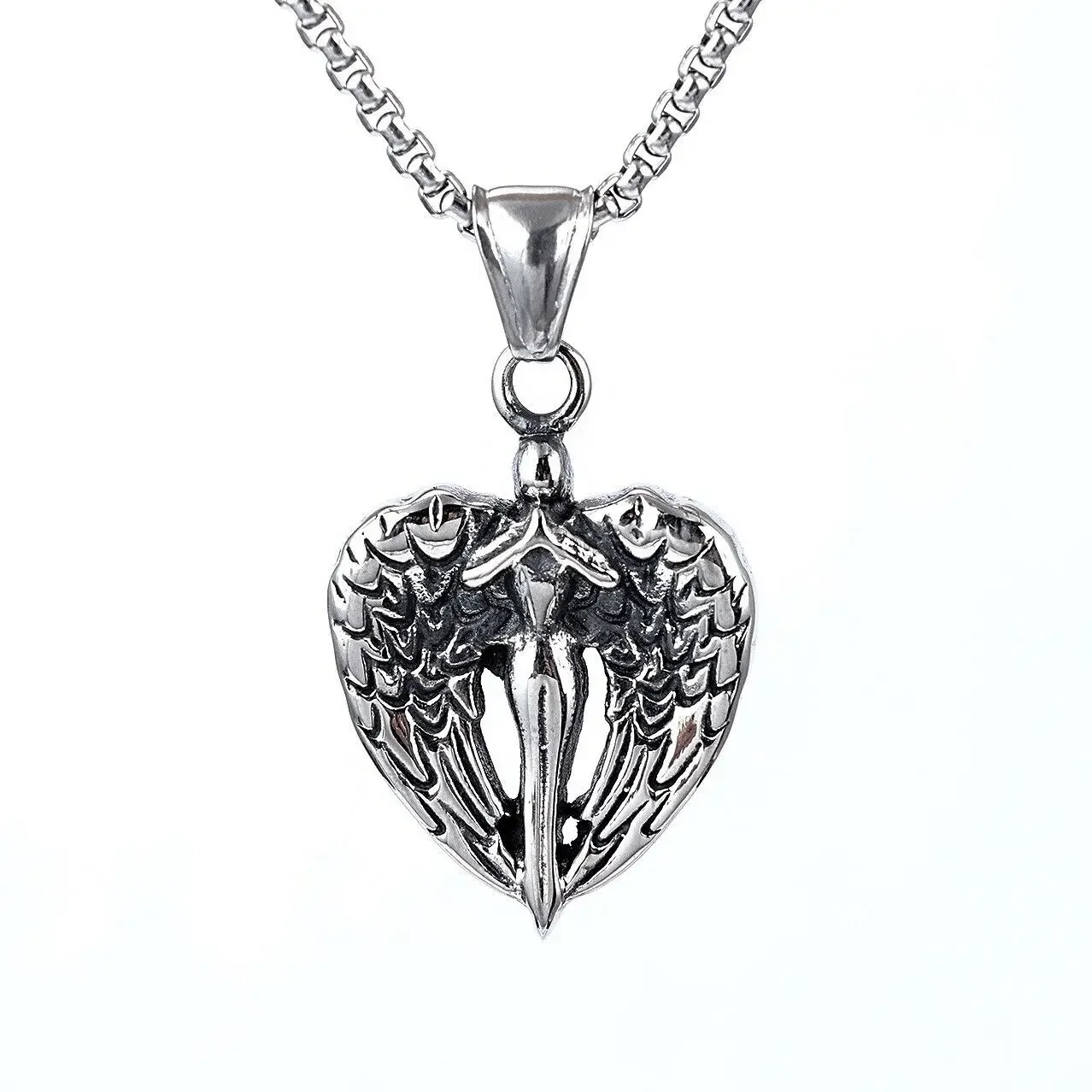 

CHUANGCHENG Vintage Angel with Big Angel Wing Pendant Stainless Steel Necklace Chain For Men