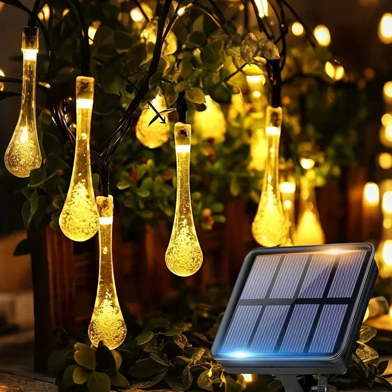 Solar-LED-Lichterkette in Kristall-Tropfenform für den Außenbereich mit 20/30/50 LEDs, 8-Funktionen-Wassertropfen-Pendelleuchte für Garten und Weihnachten