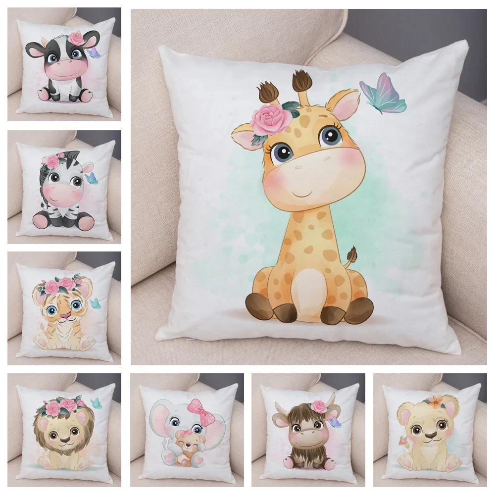 

45x45cm Cute Giraffe Lion Cow Pillowcase Decorative Cartoon Animal Print Cushion Cover Children's Room Sofa Home