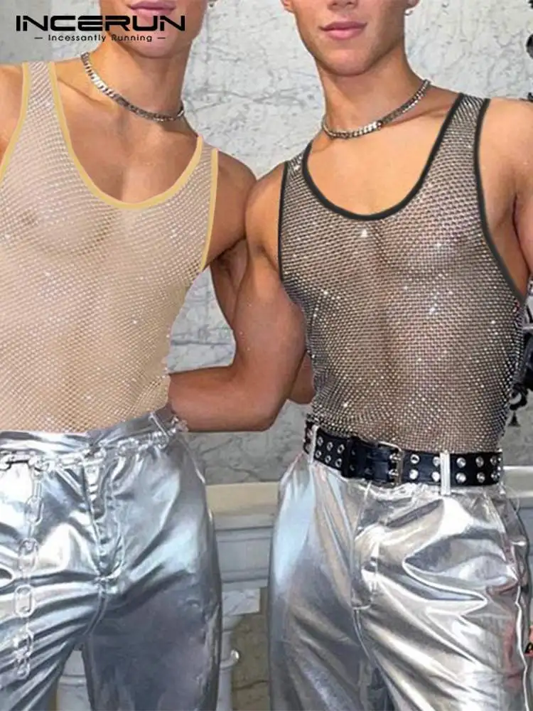 

INCERUN Tops 2023 American Style New Men's Fashion Sparkling Waistcoat Sexy Casual Male See-through Mesh Sleeveless Vests S-5XL