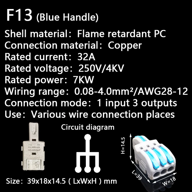 Mini Fast Wire Cable Connectors Universal Compact Conductor Spring Splicing Wiring Connector Push-in Terminal Block P421 F12 F13 (Blue Handle)