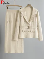 Chic Design Knitted 2 Piece Sets Women Single Breasted Knit Sweater Cardigan Tops With Belt Conjuntos High Waist Skirts Outfit 1