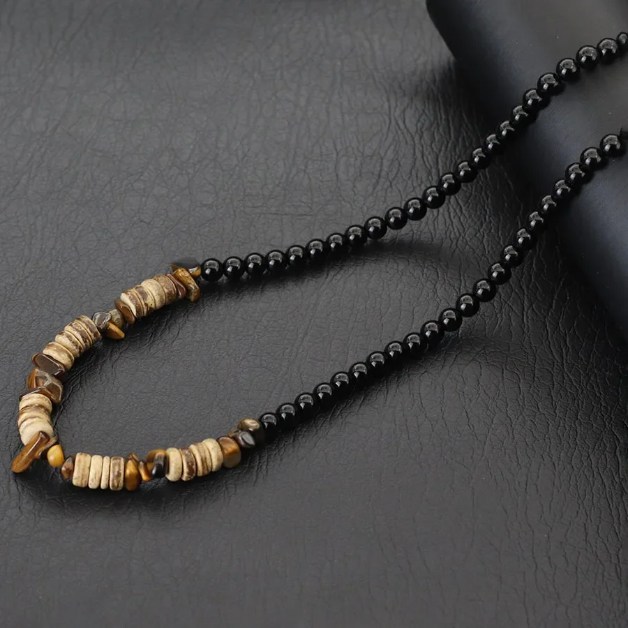 Stilvolle Naturstein-Halskette für Männer, Kokosnussschale, Howlith, unregelmäßige Tigeraugen, Perlen, 50,8 cm, kurzer Kragen, Outdoor-Homme-Schmuck – Detail 6
