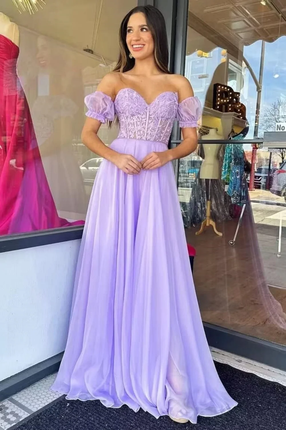 

Classic Sweetheart Prom Dresses Off Shoulder Applique Long A Line Lace Floor Length Chiffon Evening Party Gowns Pageant Dress