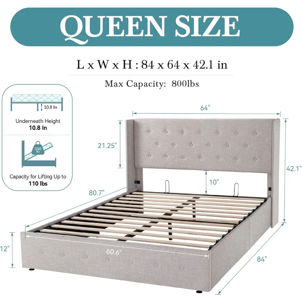 Queen Size Storage Bed with Wingback Headboard Heavy-Duty Upholstered Platform Strong Wooden Slats Support Noise-Free Beige