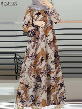 ZANZEA Women Floral Printed Muslim Dress Vintage Long Sleeve Abaya Hijab Sundress Robe Femme Eid Mubarek Dubai Turkey Vestido