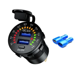 36W Dual USB Fast Charge Car Charger with LED Voltmeter and ON/OFF Switch - Dual USB QC3.0