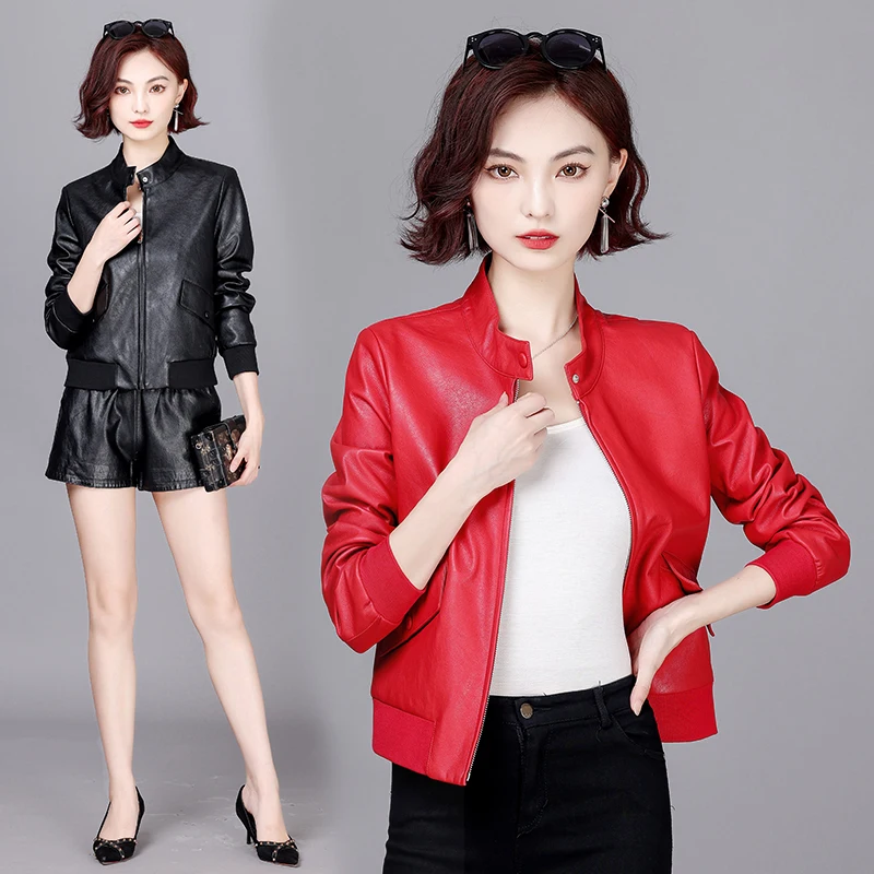 

New Motorcycle Leather Jacket Women 2023 Autumn Coat Female Short Stand Collar Ladies Leather Clothing Outerwear