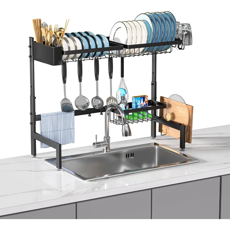 

Over The Sink Dish Drying Rack, Single-Tier Stainless Steel Adjustable Dish Rack with 3*Basket Drain Rack Above Sink Large