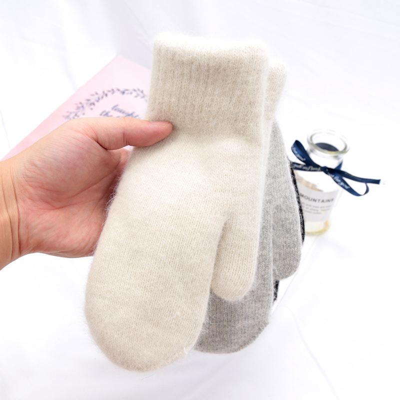 Women Winter Keep Warm Plus Cashmere Solid Color Woolen Elasticity Soft Full Fingers Mittens Girls Black Fur Knitted Cute Gloves