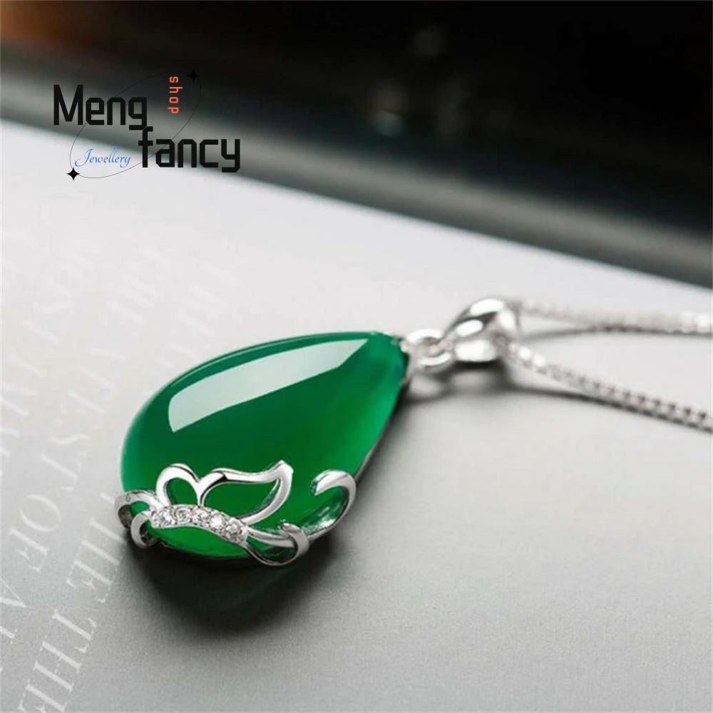 Natural Green Jade Chalcedony Water Drop Pendant 925 Silver Necklace Fashion Charms Jewelry Amulets Souvenir Women Holiday Gifts