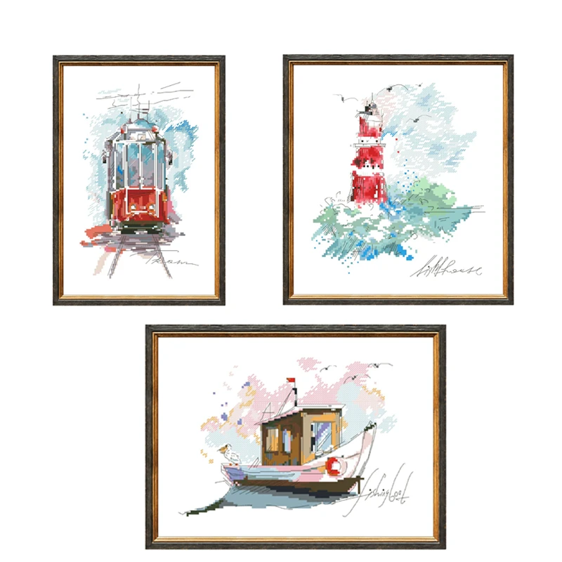 Urban tram Seaside lighthouse cross stitch package cartoon 18ct 14ct 11ct cloth cotton thread embroidery DIY handmade needlework
