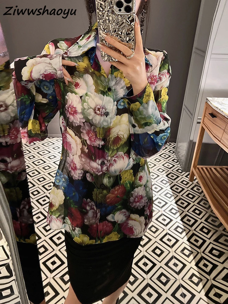 

High Quality Summer Women Fashion Runway Designer Lantern Sleeve Multicolor Ditsy Printed Loose Real Silk Shirts Blouses Tops