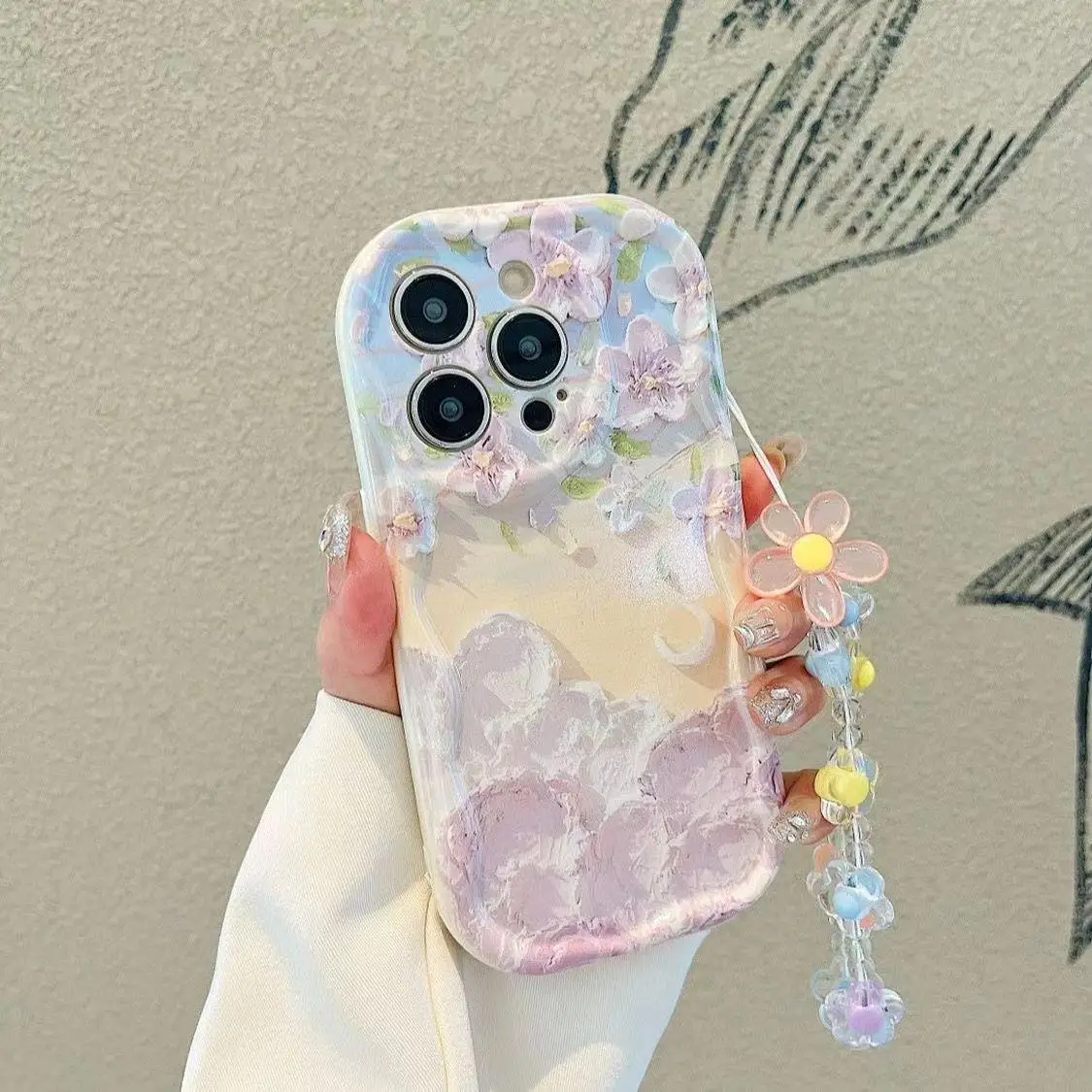 Floral Print Soft Cover with Wrist Chain and Wavy Edge