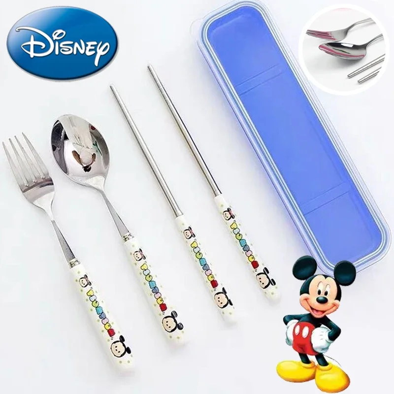 Kids Tableware Disney Mickey Minnie Baby Tableware Set Children Utensil Stainless Steel Toddler Dinnerware Cutlery Cartoon Infant Spoon Fork