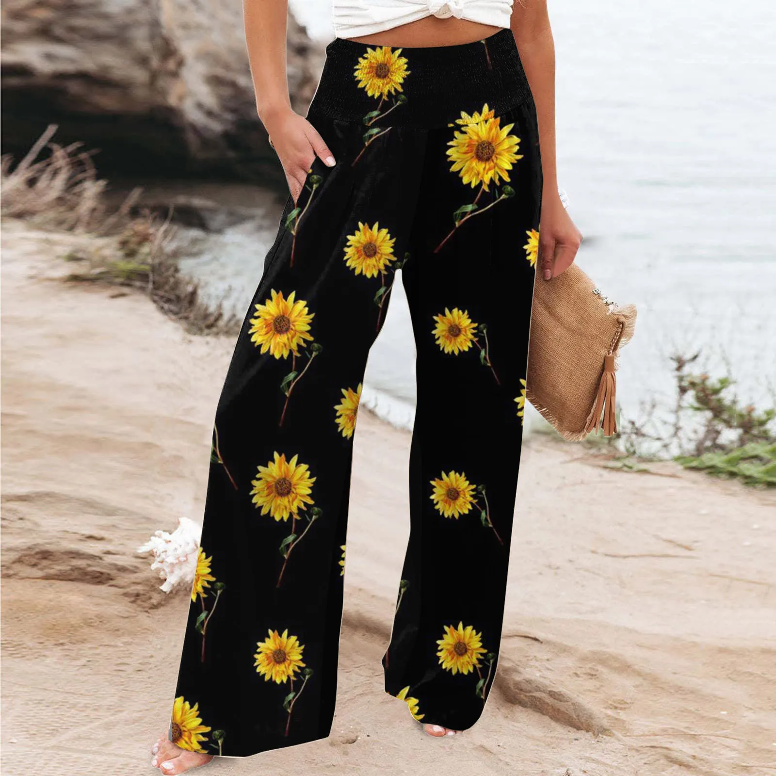 Sunflower Print Pants Long Wilde Trousers Smocked Vintage Beach Wide-Leg  Women Bohemian Elastic-Waist Pants Lady Wear Pantalon - AliExpress