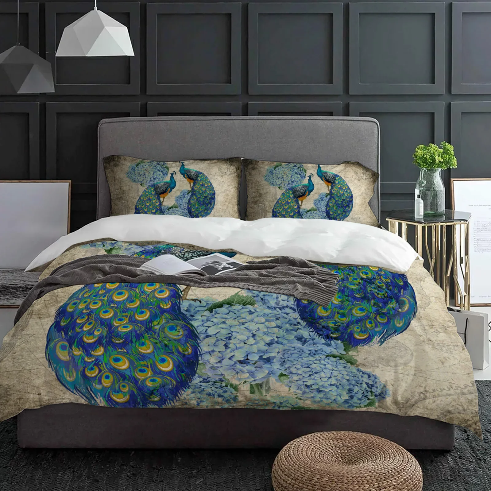 Peacock Flower Hydrangea Retro Duvet Cover With Pillow Case Custom 3pcs Bedding Set Quilt Cover Double Bed Home Textile