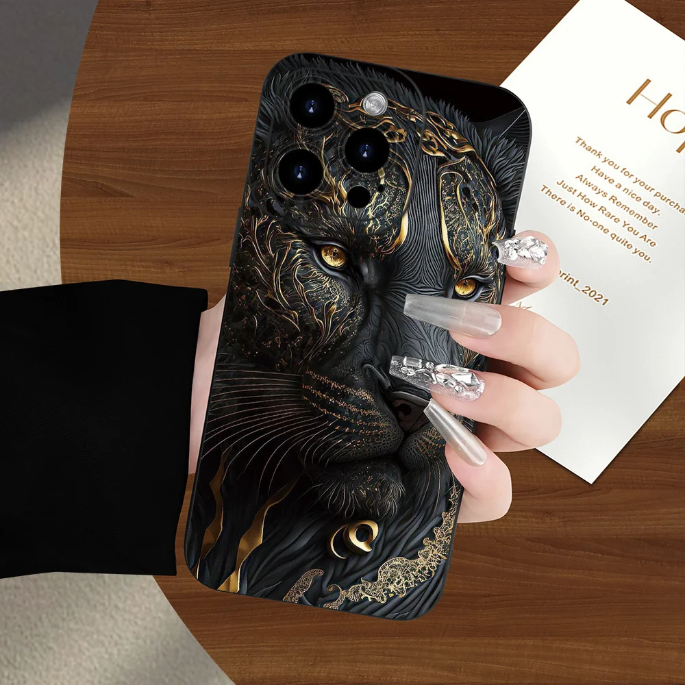 Golden Gilded Black Lion Pattern Phone Case - Luxury Protective Back Cover