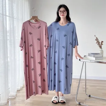 150kg Plus Size Summer Lazy Short Sleeve Long T-Shirt Dress Korean Oversized Loose Nightgown Maternity Sleepwear Home Clothes 1
