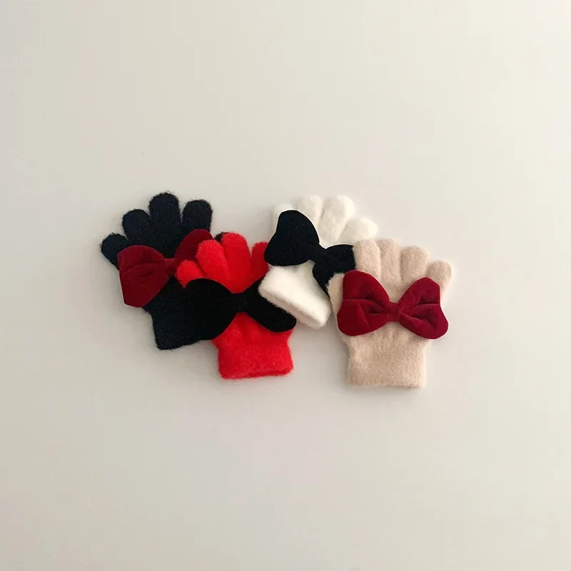 1 Pair Chic Sweet Bow Young Kids Glove Fashion Korean Warm Furry Finger Glove Cute Autumn Winter Outdoor Thicken Plush