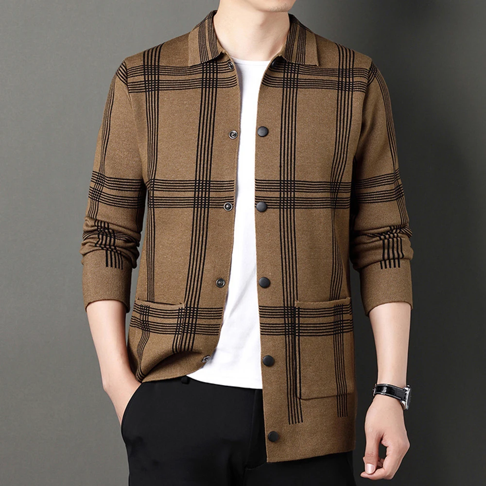 

2023 Autumn Men's Knitted Cardigan Sweater Fashion Lapel Plaid Brand Knit Male Jacket Men Long Sleeve Knitwear Clothesl Tops