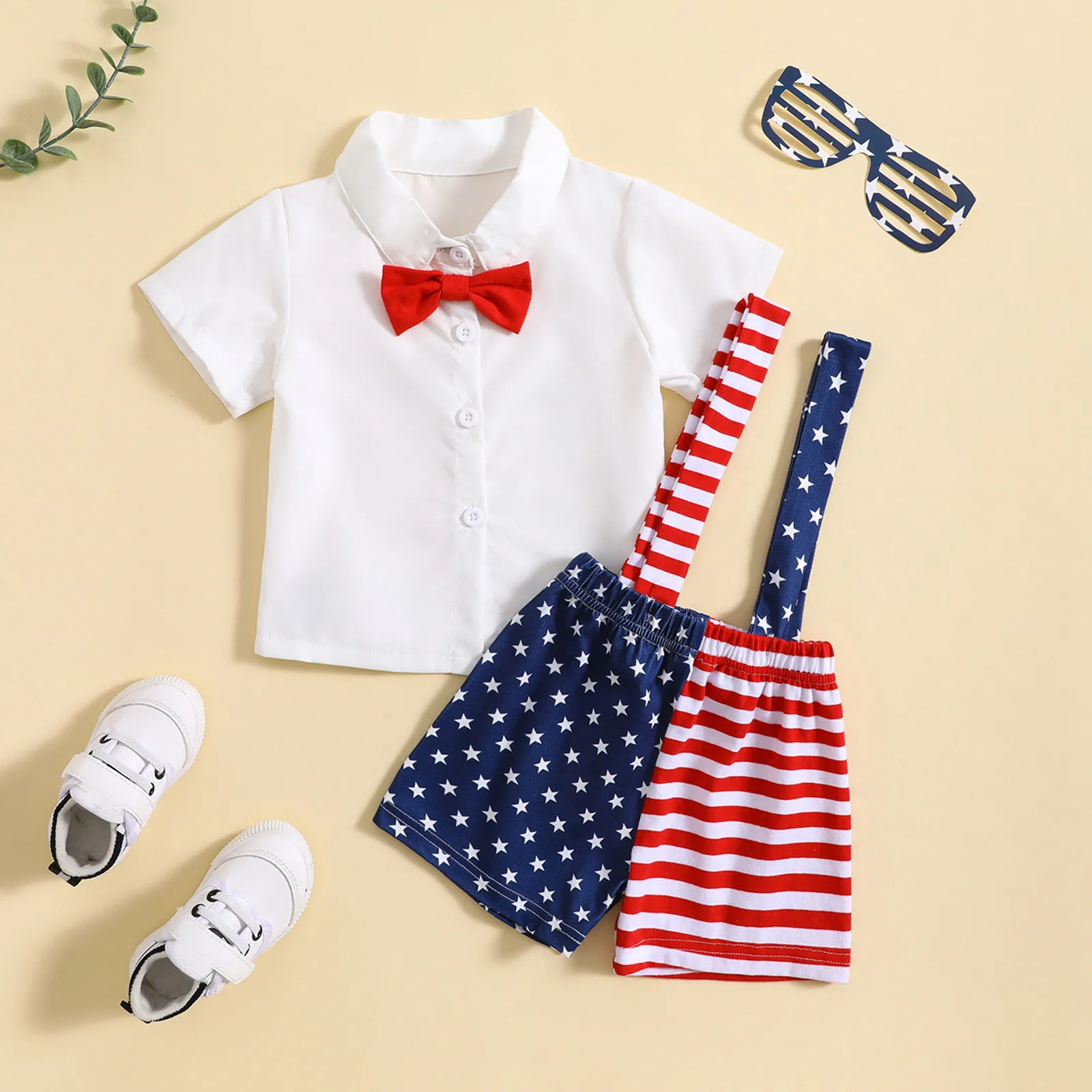 

Independence Day Baby Boys Gentleman Clothes Sets Short Sleeve Shirt Stars Striped Suspender Shorts Sets For 0-4 Years Toddlers