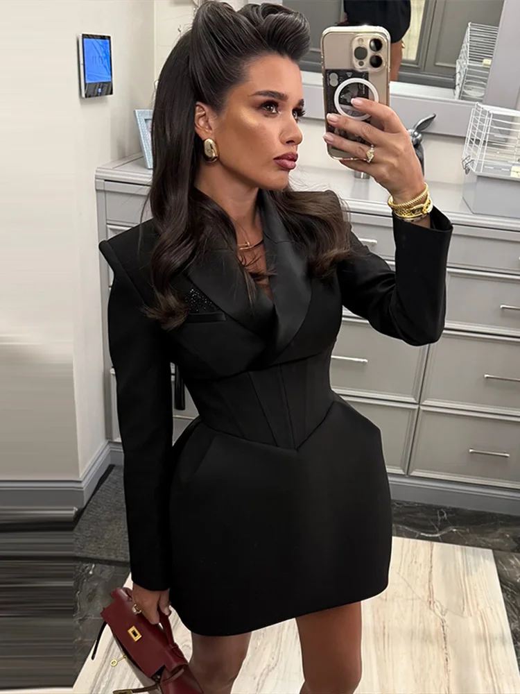 Lapel Waist Cinching Suit Dress Woman Solid Color Long Sleeve Short Elegant Dresses Fashion Versatile Women's New Mini Dresses 4